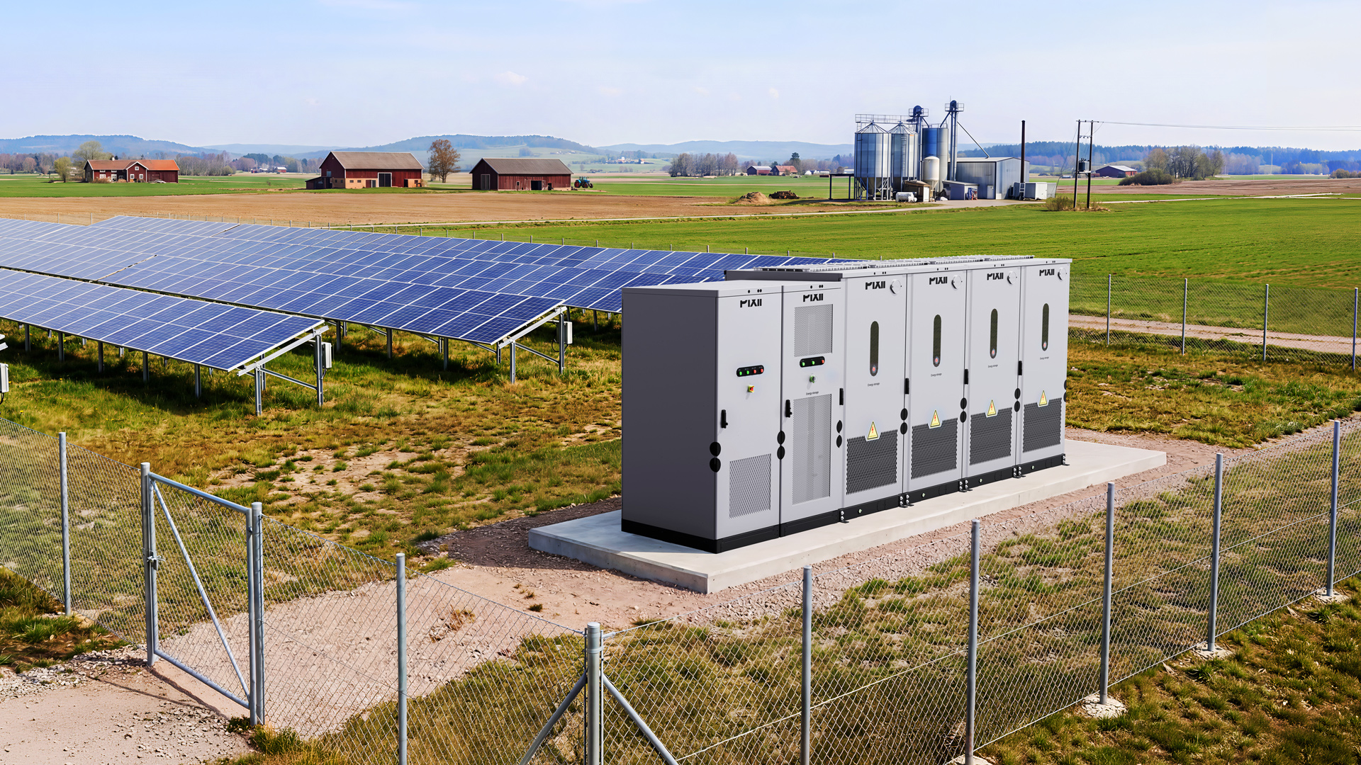 Pixii Batteriespeichersystem an einer Photovoltaikanlage in landwirtschaftlicher Umgebung